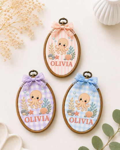 Personalized Octopus Embroidered Ornament, Custom Baby Name Hoop, Ocean Nursery Decor, Sea Life Baby Gift, Under the Sea Keepsake