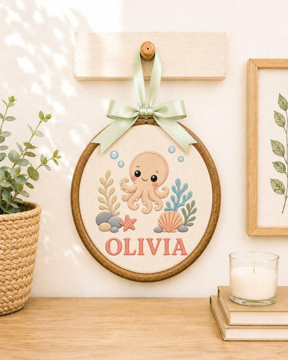 Personalized Octopus Embroidered Ornament, Custom Baby Name Hoop, Ocean Nursery Decor, Sea Life Baby Gift, Under the Sea Keepsake