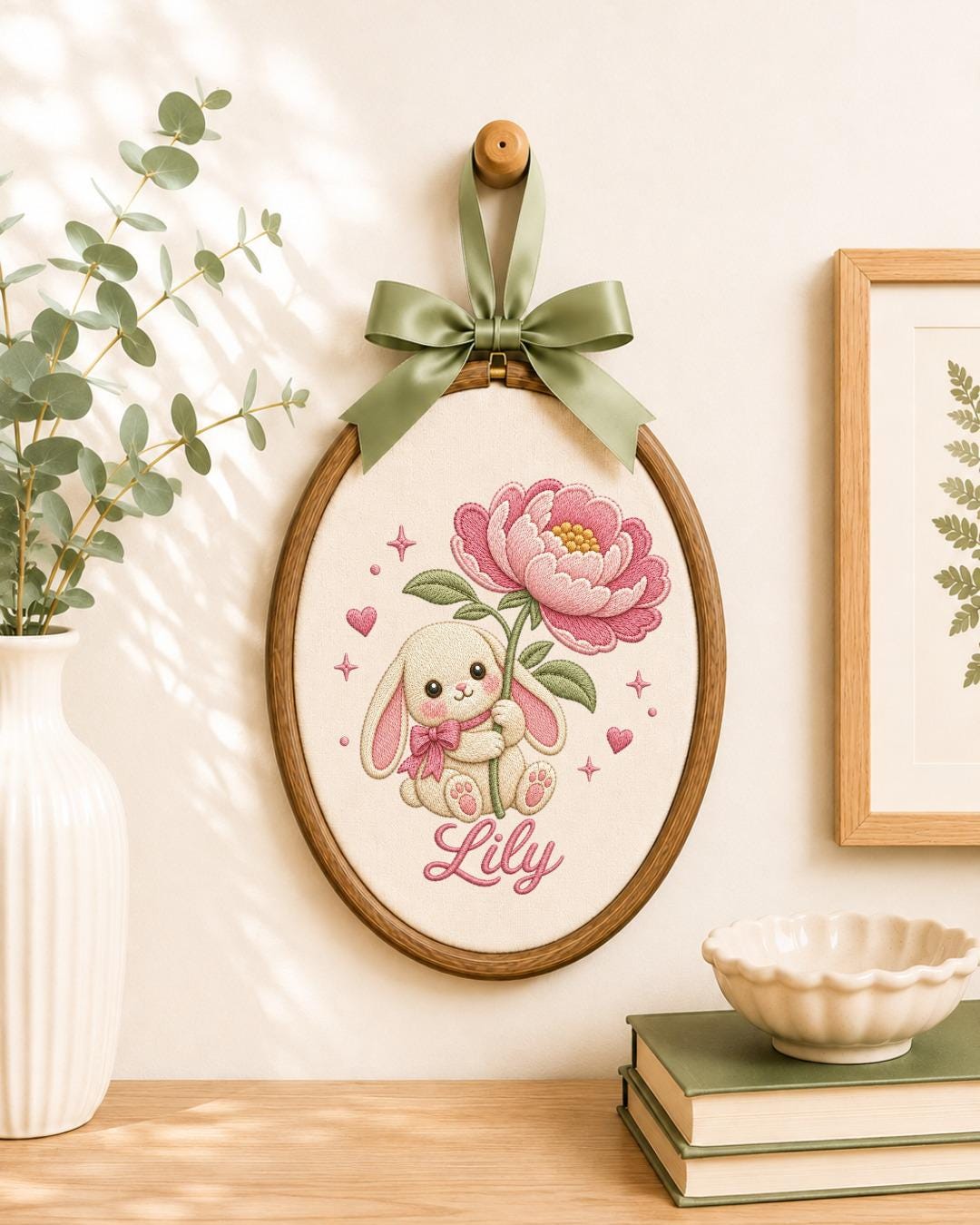 Personalized Bunny Flower Embroidered Ornament, Custom Baby Name Hoop, Pink Floral Rabbit Nursery Decor, Baby Girl Gift, Newborn Keepsake
