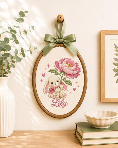 Personalized Bunny Flower Embroidered Ornament, Custom Baby Name Hoop, Pink Floral Rabbit Nursery Decor, Baby Girl Gift, Newborn Keepsake