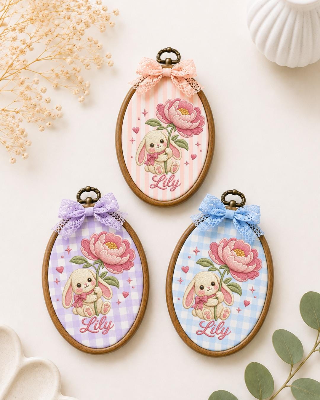 Personalized Bunny Flower Embroidered Ornament, Custom Baby Name Hoop, Pink Floral Rabbit Nursery Decor, Baby Girl Gift, Newborn Keepsake