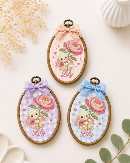 Personalized Bunny Flower Embroidered Ornament, Custom Baby Name Hoop, Pink Floral Rabbit Nursery Decor, Baby Girl Gift, Newborn Keepsake