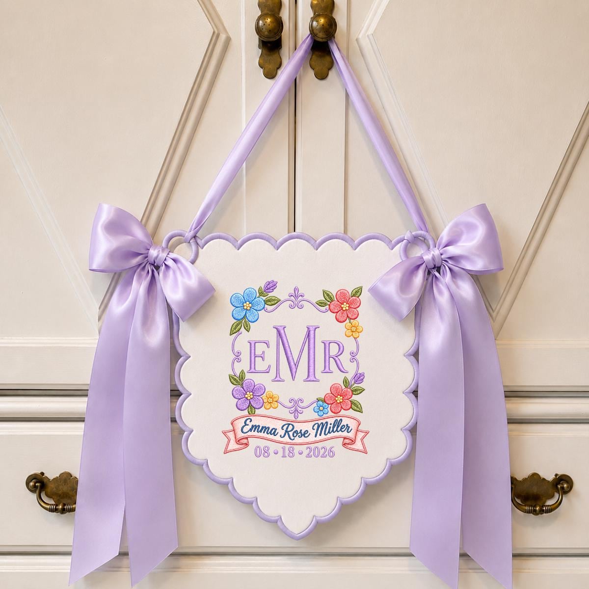 Personalized Monogram Bow Banner, Custom Name and Date Wall Hanging, Floral Wedding Decor, Scalloped Ribbon Ornament, Bridal Shower Gift