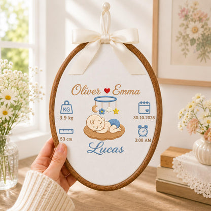 Personalized Embroidered Ornament, Baby Birth Stats Ornament, Custom Name Newborn Keepsake, Baby Boy Birth Announcement, Family Gift