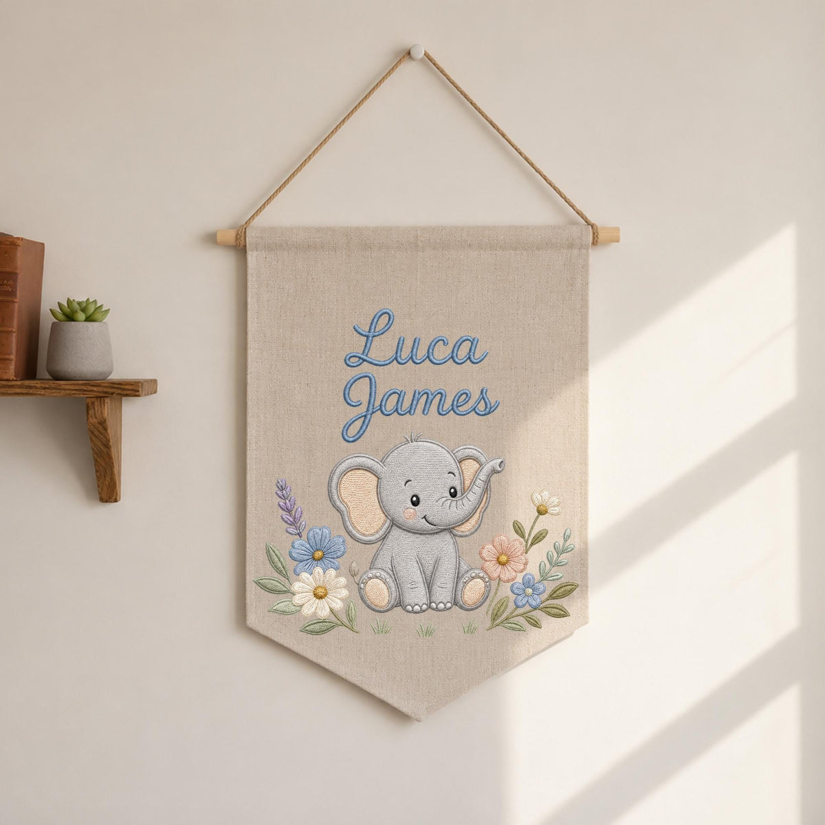 Personalized Embroidered Elephant Wall Hanging Banner, Custom Baby Name Sign, Floral Nursery Decor, Baby Shower Gift