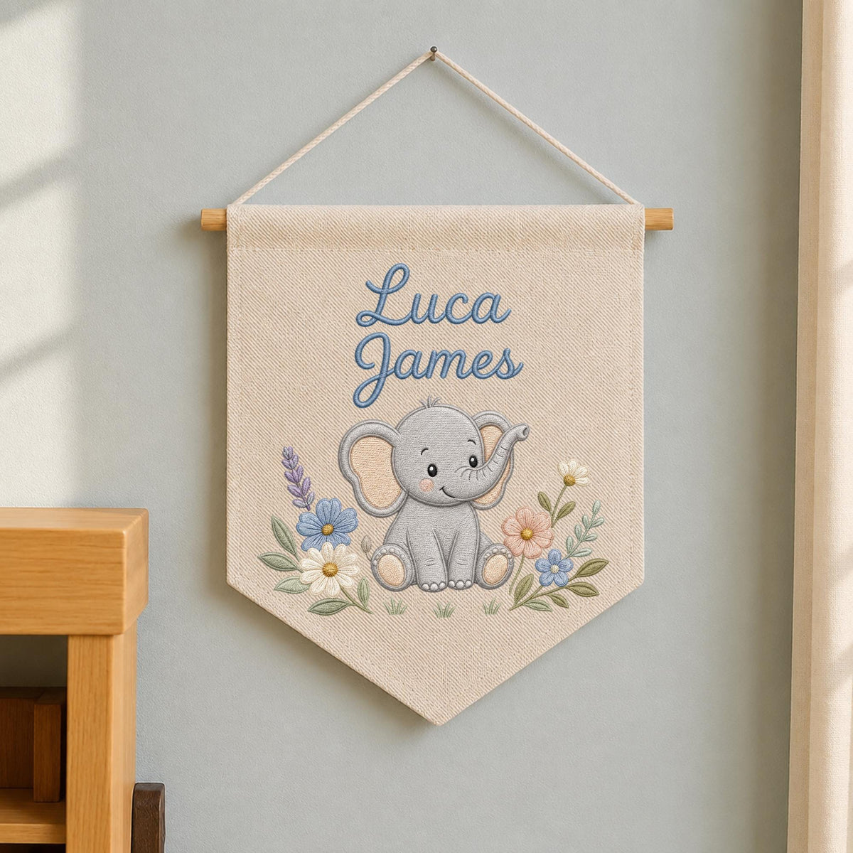 Personalized Embroidered Elephant Wall Hanging Banner, Custom Baby Name Sign, Floral Nursery Decor, Baby Shower Gift