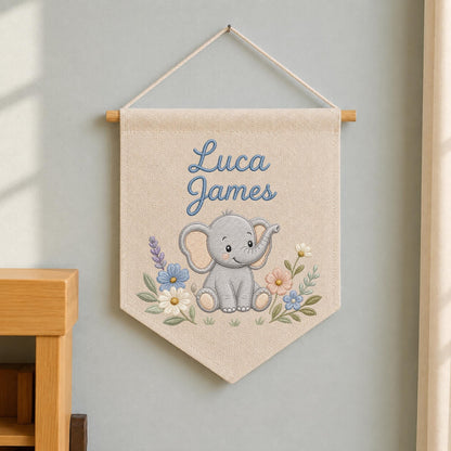 Personalized Embroidered Elephant Wall Hanging Banner, Custom Baby Name Sign, Floral Nursery Decor, Baby Shower Gift