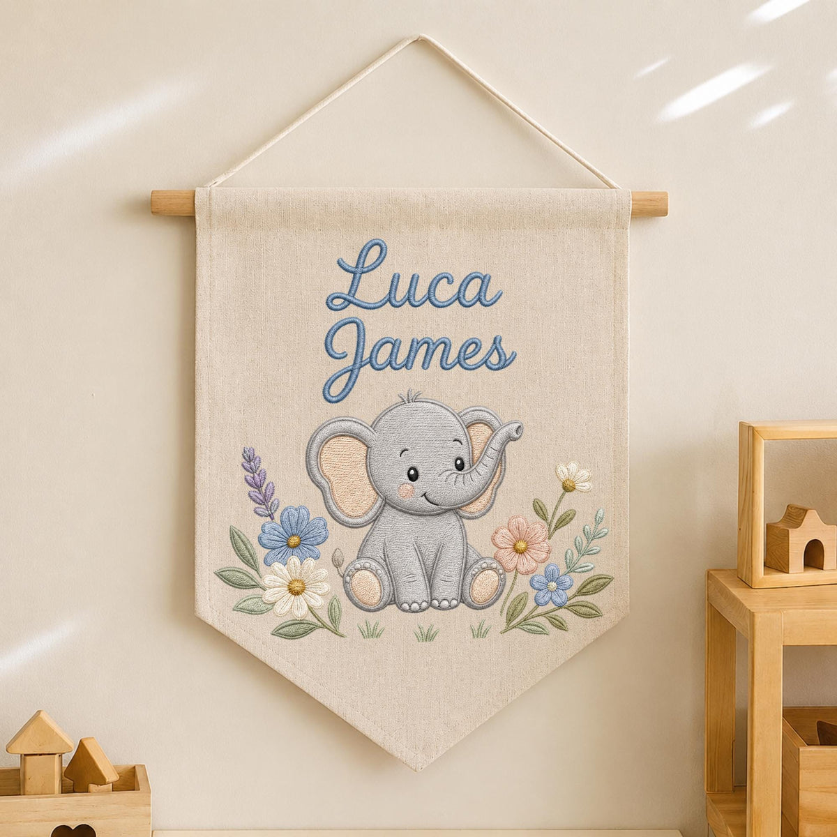 Personalized Embroidered Elephant Wall Hanging Banner, Custom Baby Name Sign, Floral Nursery Decor, Baby Shower Gift