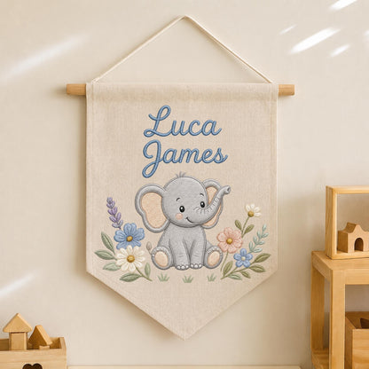 Personalized Embroidered Elephant Wall Hanging Banner, Custom Baby Name Sign, Floral Nursery Decor, Baby Shower Gift