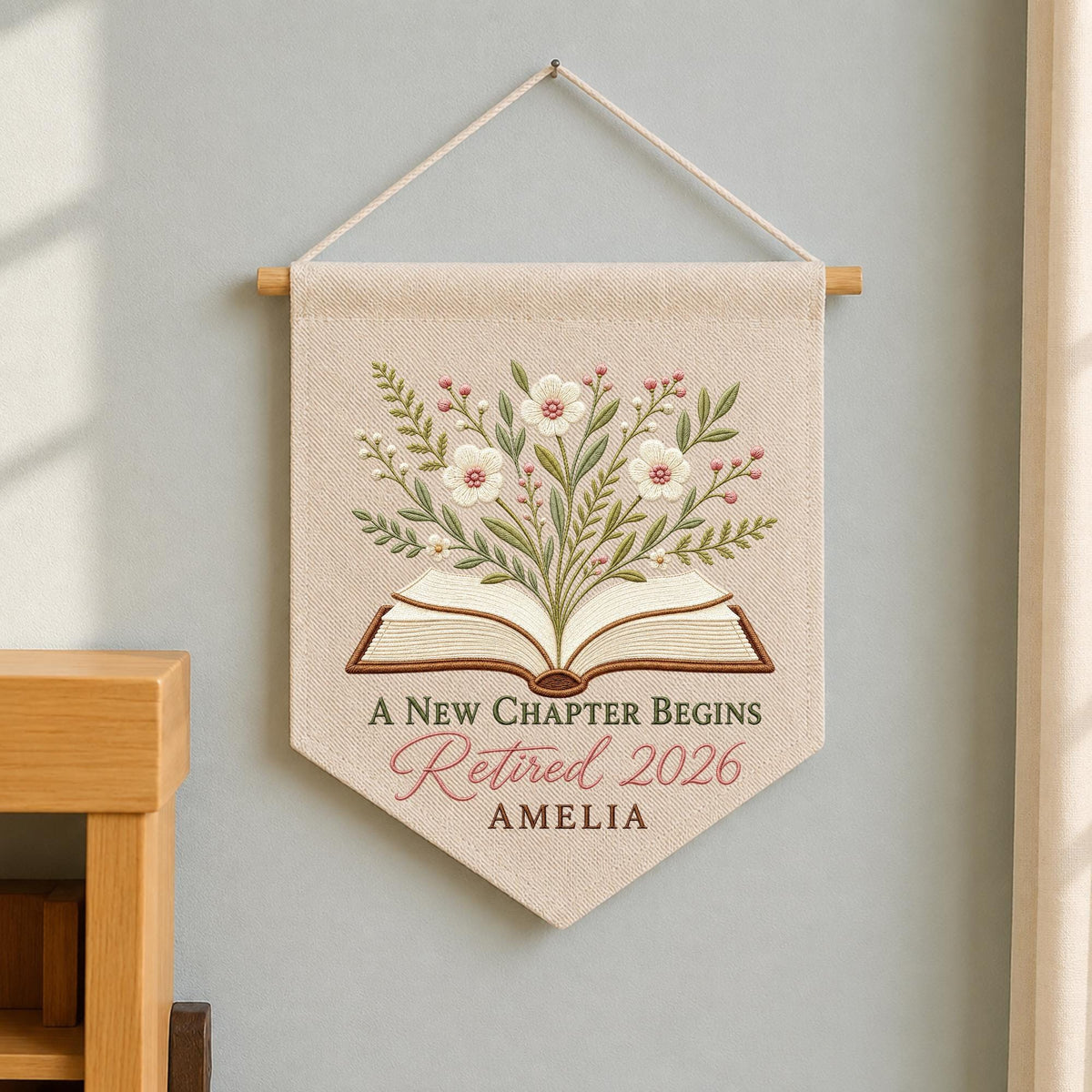 Personalized Embroidered Retirement Wall Hanging Banner, Custom Retired 2026 Gift, Floral Book Decor, Retirement Keepsake for Women