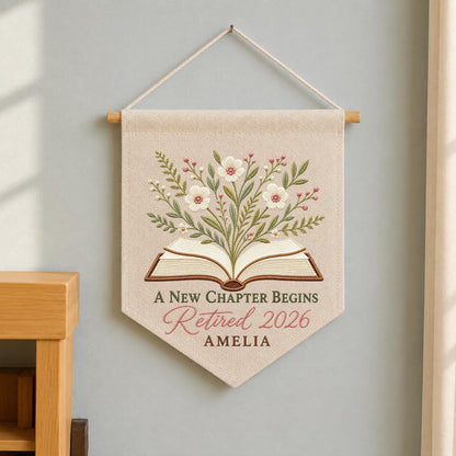 Personalized Embroidered Retirement Wall Hanging Banner, Custom Retired 2026 Gift, Floral Book Decor, Retirement Keepsake for Women