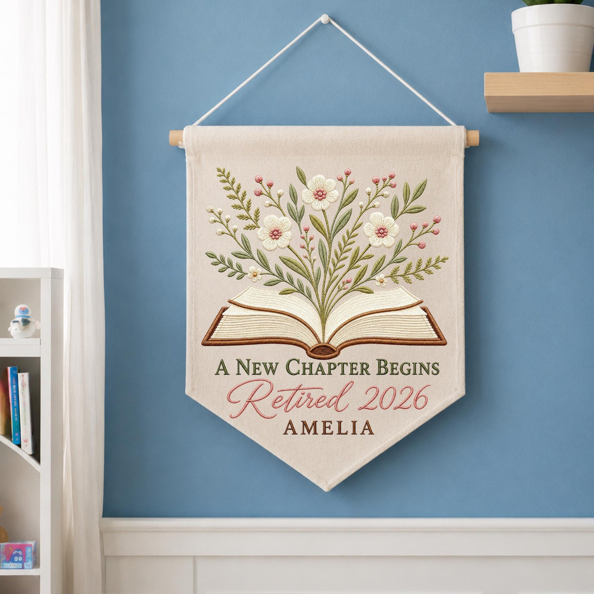 Personalized Embroidered Retirement Wall Hanging Banner, Custom Retired 2026 Gift, Floral Book Decor, Retirement Keepsake for Women