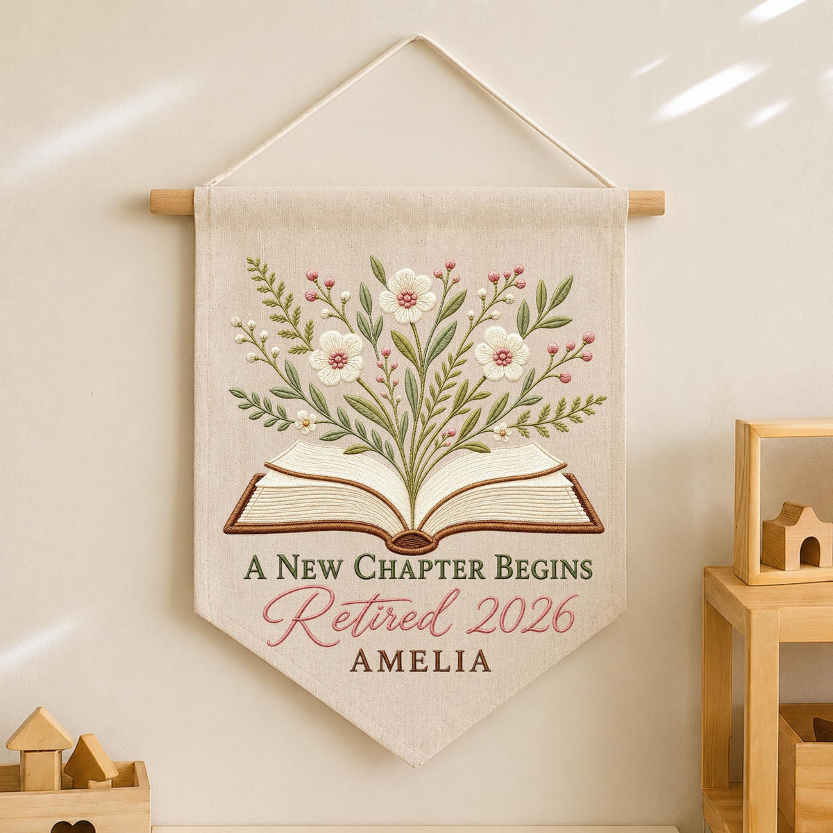 Personalized Embroidered Retirement Wall Hanging Banner, Custom Retired 2026 Gift, Floral Book Decor, Retirement Keepsake for Women