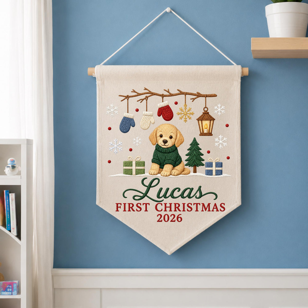Personalized Embroidered Puppy First Christmas Wall Hanging Banner, Custom Pet Name Sign, Dog Christmas Decor, Holiday Keepsake Gift