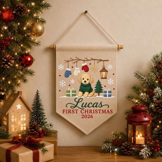 Personalized Embroidered Puppy First Christmas Wall Hanging Banner, Custom Pet Name Sign, Dog Christmas Decor, Holiday Keepsake Gift