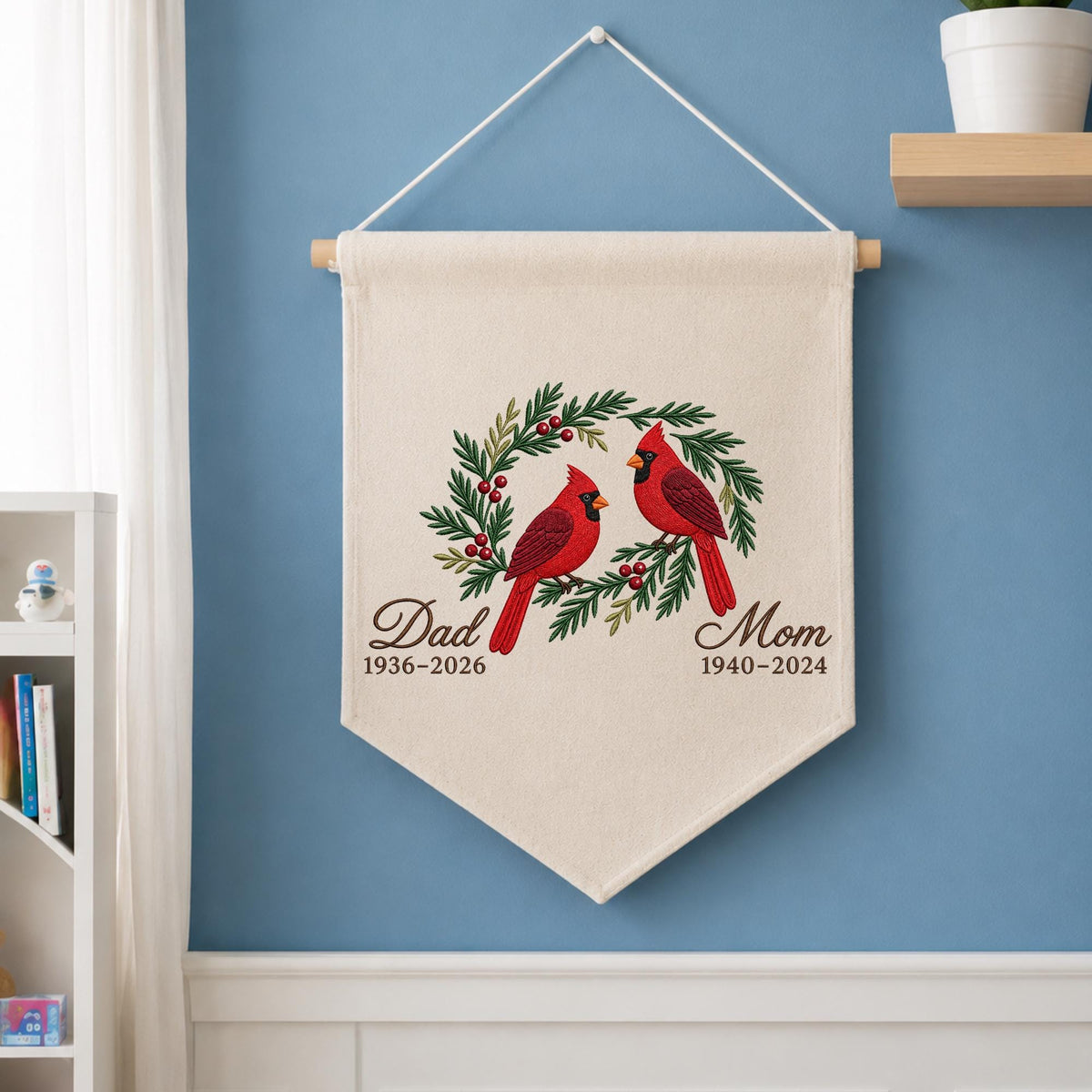 Personalized Embroidered Cardinal Memorial Wall Hanging Banner, Custom In Loving Memory Sign, Sympathy Gift, Christmas Remembrance Decor