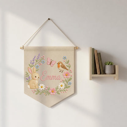 Personalized Embroidered Bunny Floral Wall Hanging Banner, Custom Baby Name Sign, Spring Nursery Decor, Baby Girl Gift
