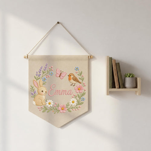 Personalized Embroidered Bunny Floral Wall Hanging Banner, Custom Baby Name Sign, Spring Nursery Decor, Baby Girl Gift