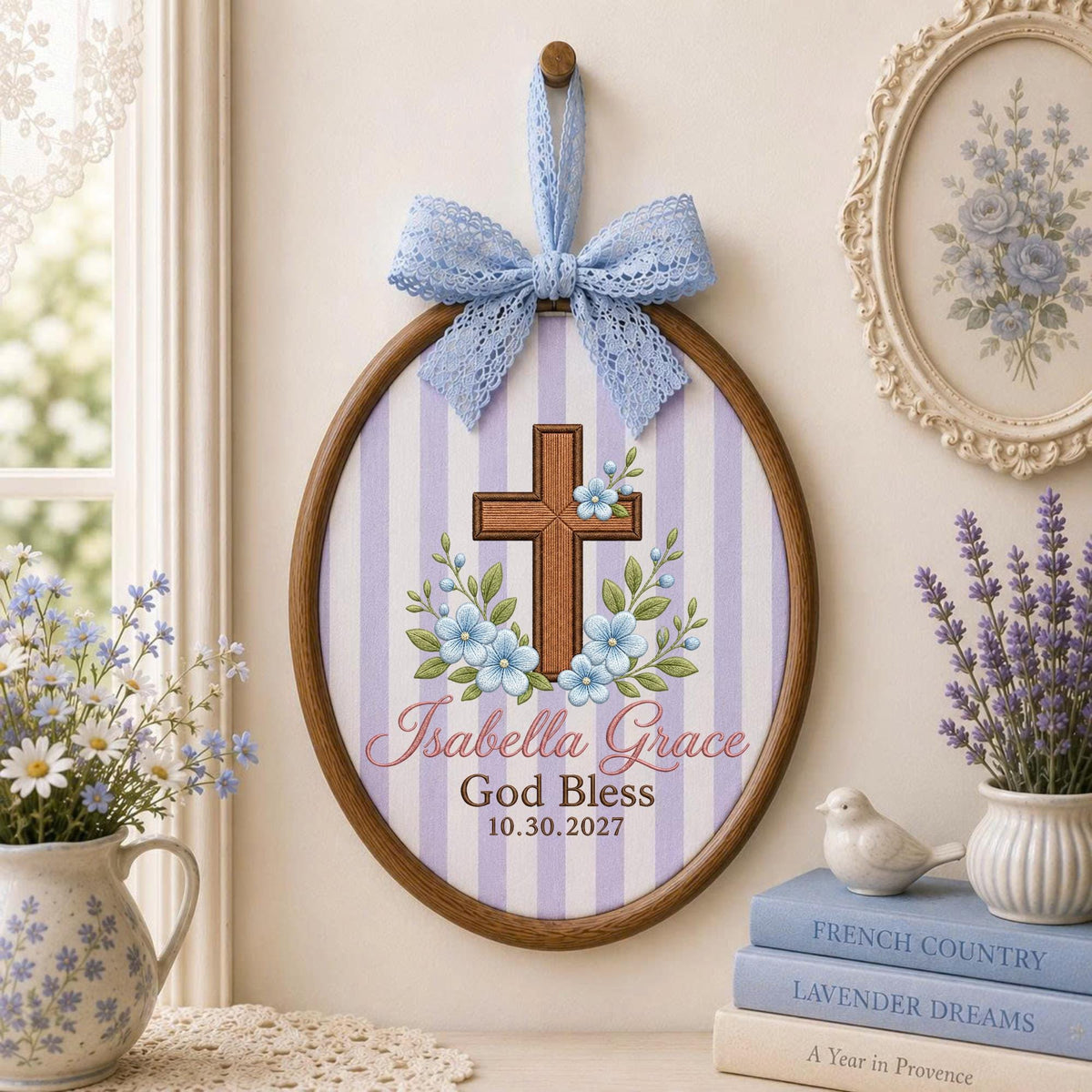 Personalized Embroidered Ornament, God Bless Baptism Gift, Custom Name Cross Ornament, Christian Baby Keepsake, Religious Nursery Decor