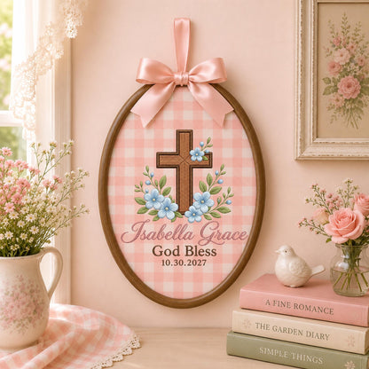 Personalized Embroidered Ornament, God Bless Baptism Gift, Custom Name Cross Ornament, Christian Baby Keepsake, Religious Nursery Decor