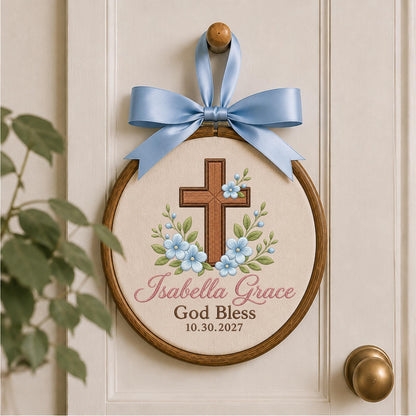 Personalized Embroidered Ornament, God Bless Baptism Gift, Custom Name Cross Ornament, Christian Baby Keepsake, Religious Nursery Decor