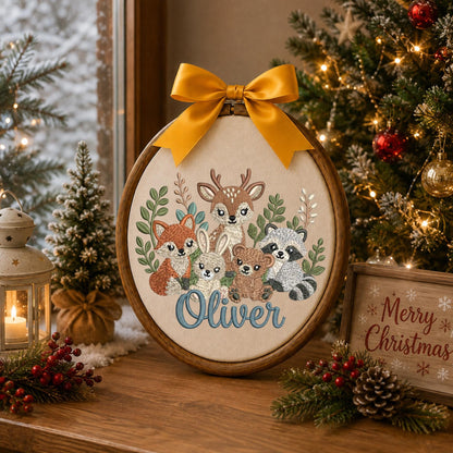 Personalized Embroidered Ornament, Woodland Animal Nursery Decor, Custom Baby Name Ornament, Forest Animals Baby Gift, Nursery Keepsake