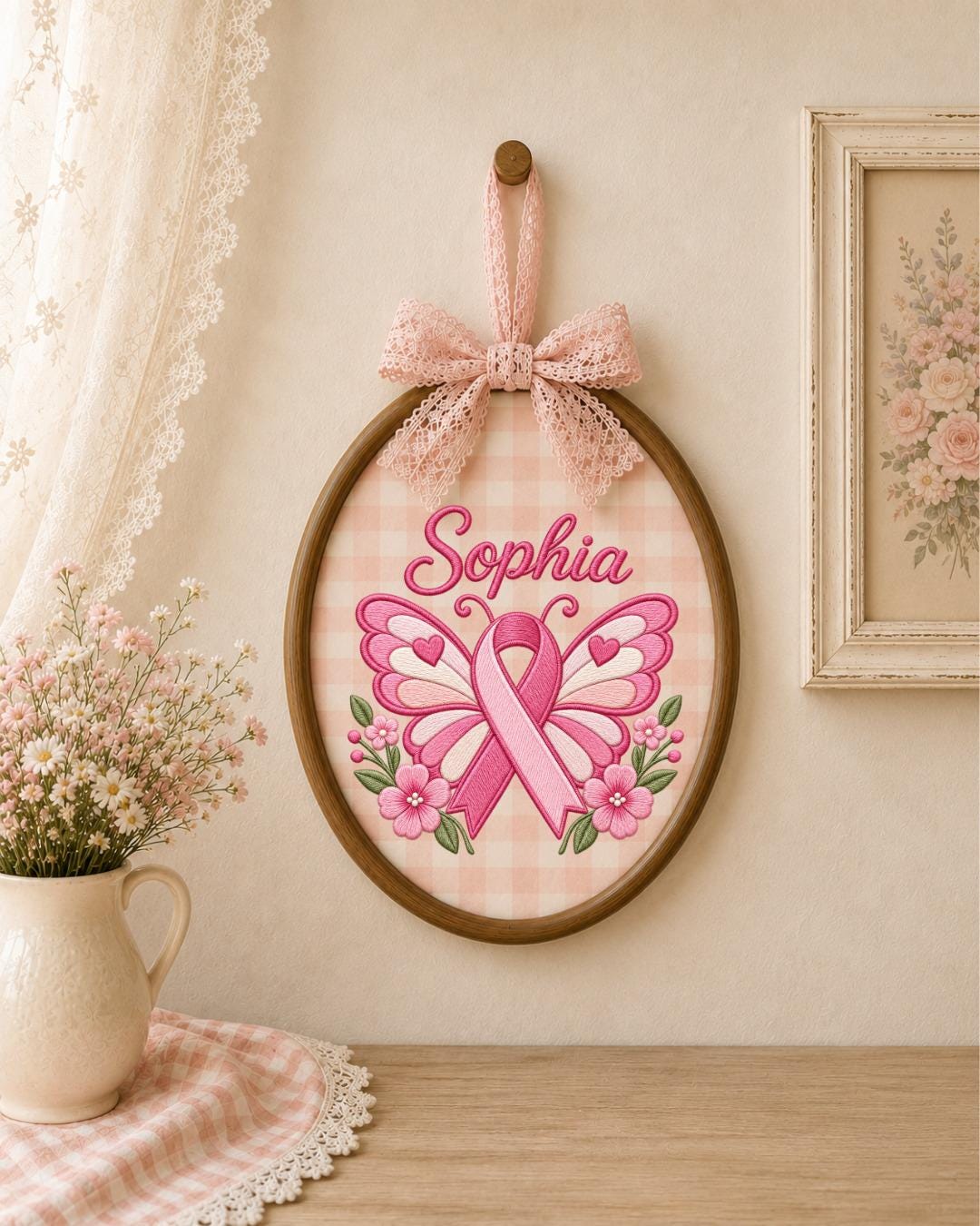 Personalized Breast Cancer Awareness Embroidered Ornament, Custom Name Pink Ribbon Hoop, Survivor Gift, Breast Cancer Support Keepsake