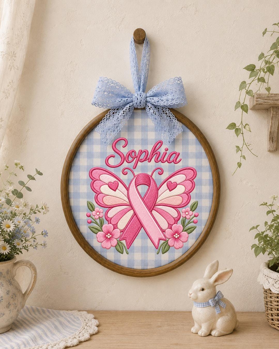 Personalized Breast Cancer Awareness Embroidered Ornament, Custom Name Pink Ribbon Hoop, Survivor Gift, Breast Cancer Support Keepsake