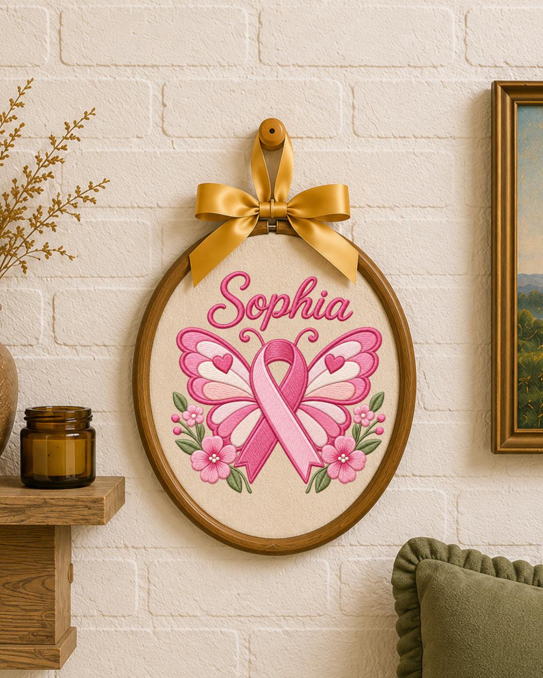 Personalized Breast Cancer Awareness Embroidered Ornament, Custom Name Pink Ribbon Hoop, Survivor Gift, Breast Cancer Support Keepsake