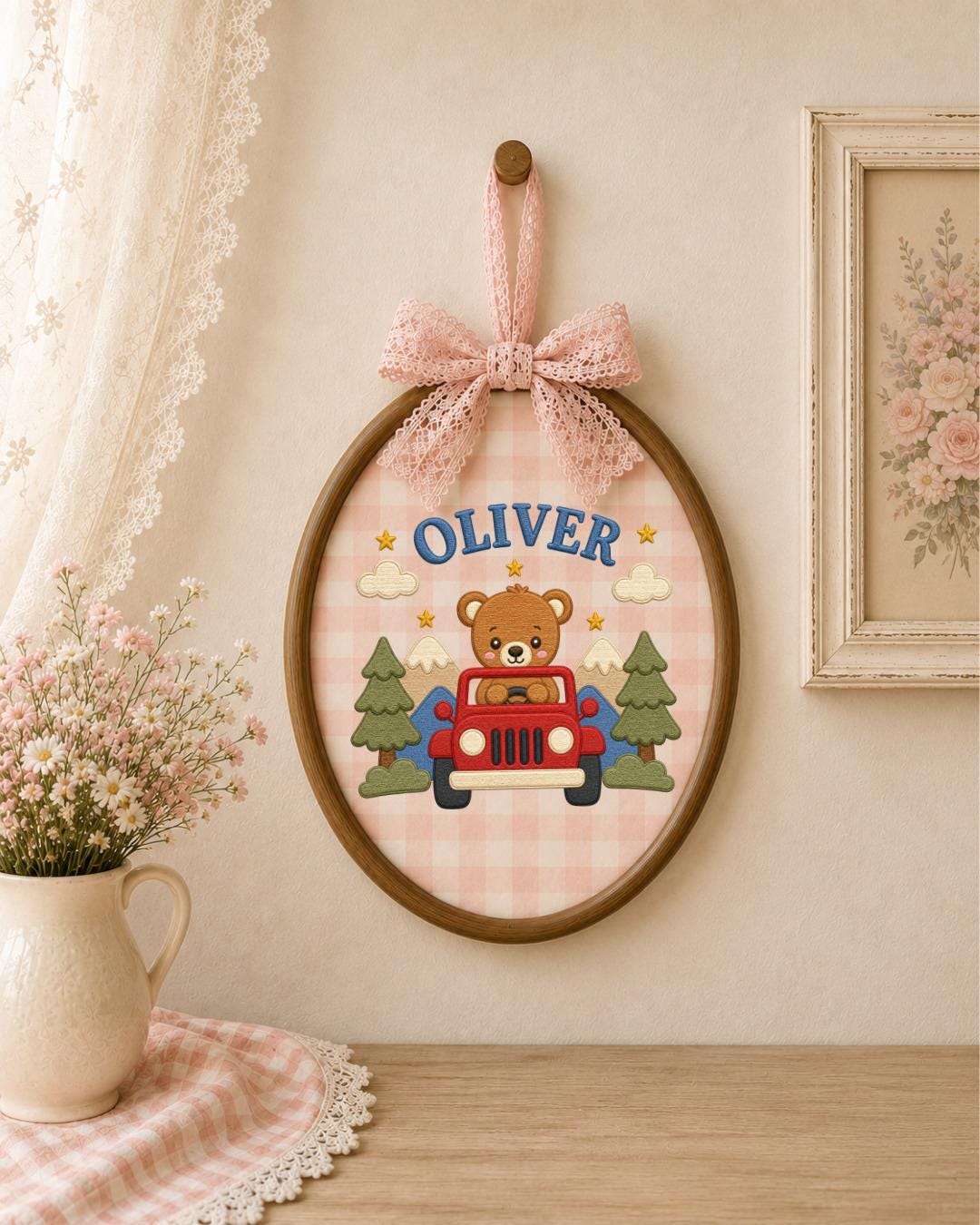 Personalized Teddy Bear Jeep Embroidered Ornament, Custom Baby Name Hoop, Adventure Nursery Decor, Baby Boy Gift, Newborn Keepsake