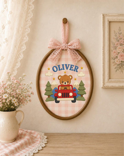 Personalized Teddy Bear Jeep Embroidered Ornament, Custom Baby Name Hoop, Adventure Nursery Decor, Baby Boy Gift, Newborn Keepsake