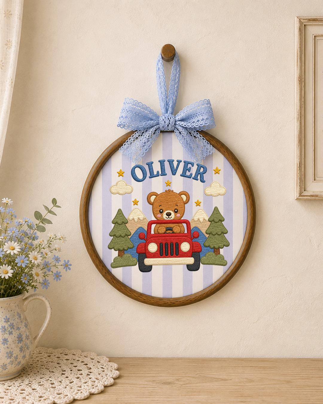 Personalized Teddy Bear Jeep Embroidered Ornament, Custom Baby Name Hoop, Adventure Nursery Decor, Baby Boy Gift, Newborn Keepsake