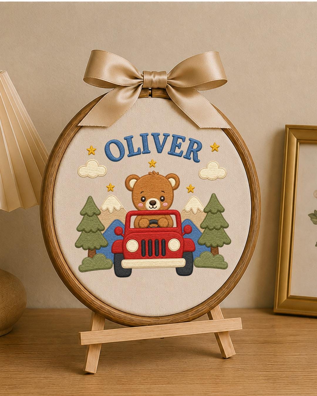 Personalized Teddy Bear Jeep Embroidered Ornament, Custom Baby Name Hoop, Adventure Nursery Decor, Baby Boy Gift, Newborn Keepsake