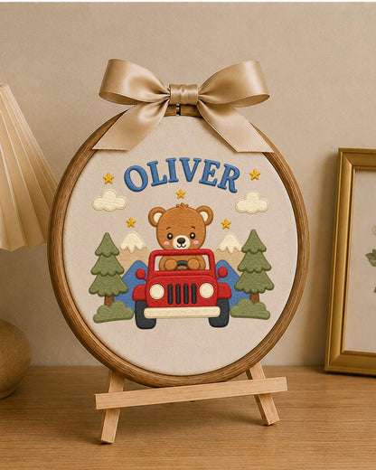 Personalized Teddy Bear Jeep Embroidered Ornament, Custom Baby Name Hoop, Adventure Nursery Decor, Baby Boy Gift, Newborn Keepsake