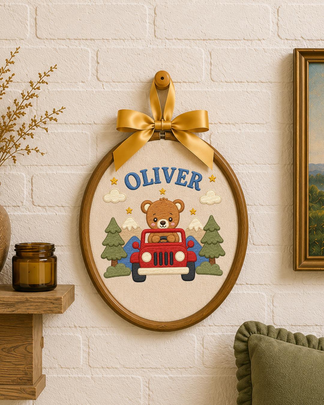 Personalized Teddy Bear Jeep Embroidered Ornament, Custom Baby Name Hoop, Adventure Nursery Decor, Baby Boy Gift, Newborn Keepsake