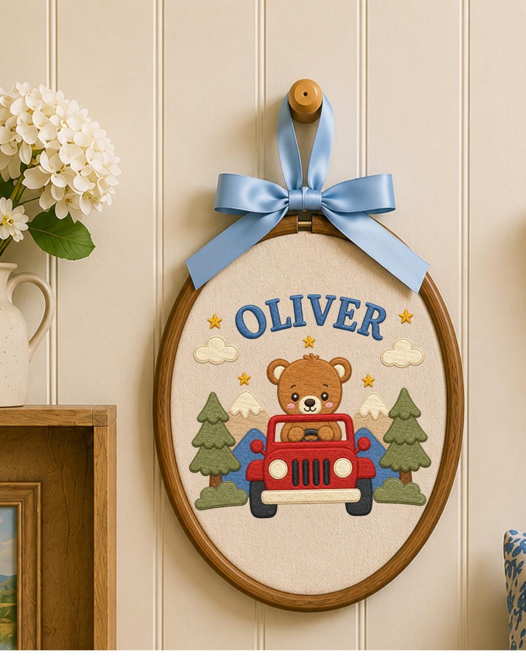 Personalized Teddy Bear Jeep Embroidered Ornament, Custom Baby Name Hoop, Adventure Nursery Decor, Baby Boy Gift, Newborn Keepsake