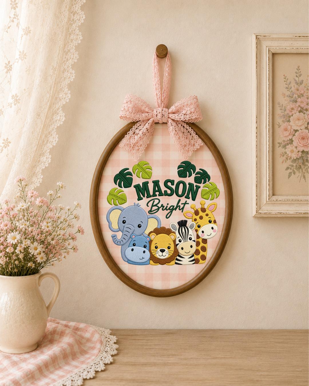 Personalized Safari Animal Embroidered Ornament, Custom Baby Name Hoop, Jungle Nursery Decor, Baby Boy Gift, Newborn Keepsake