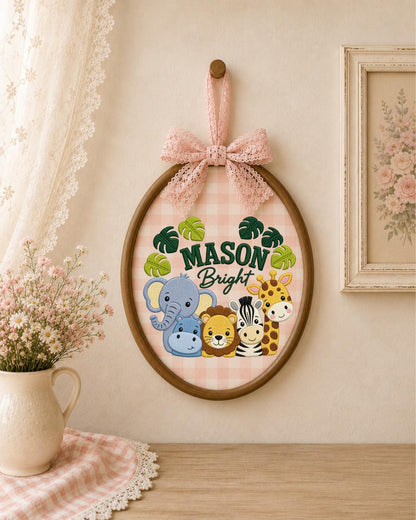 Personalized Safari Animal Embroidered Ornament, Custom Baby Name Hoop, Jungle Nursery Decor, Baby Boy Gift, Newborn Keepsake