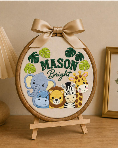 Personalized Safari Animal Embroidered Ornament, Custom Baby Name Hoop, Jungle Nursery Decor, Baby Boy Gift, Newborn Keepsake