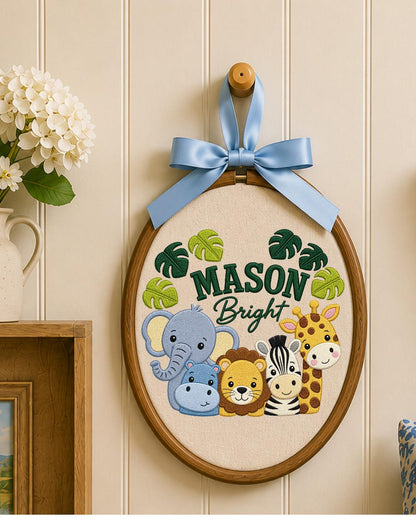 Personalized Safari Animal Embroidered Ornament, Custom Baby Name Hoop, Jungle Nursery Decor, Baby Boy Gift, Newborn Keepsake