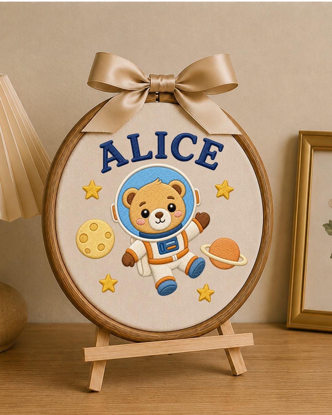 Personalized Astronaut Bear Embroidered Ornament, Custom Baby Name Hoop, Space Nursery Decor, Baby Boy Gift, Newborn Keepsake