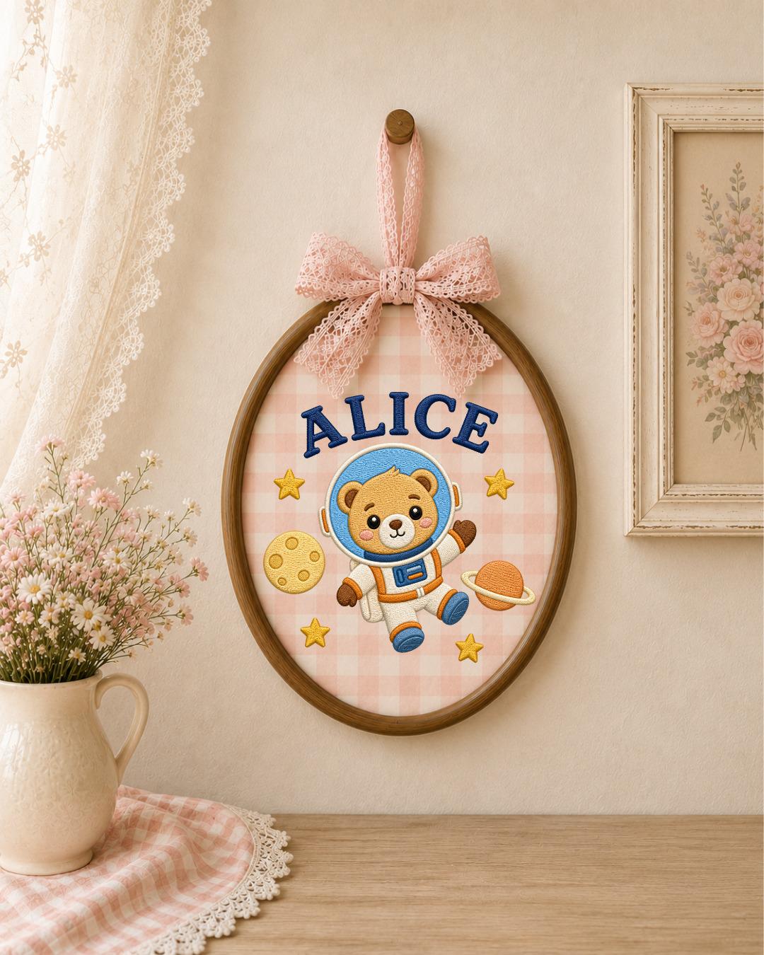 Personalized Astronaut Bear Embroidered Ornament, Custom Baby Name Hoop, Space Nursery Decor, Baby Boy Gift, Newborn Keepsake