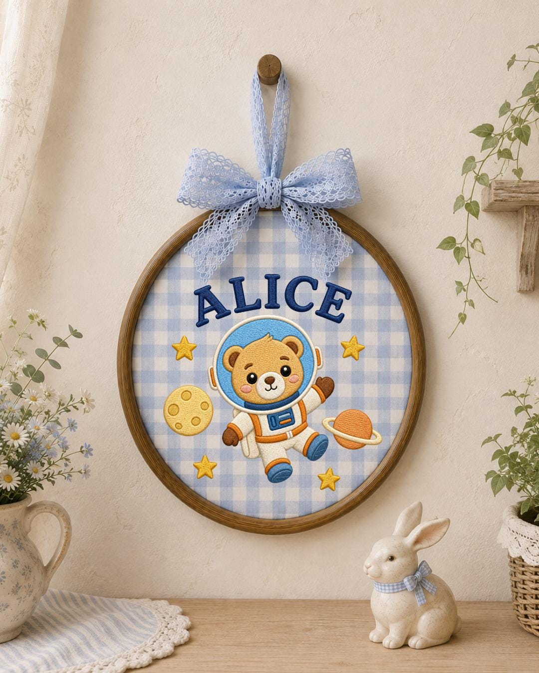 Personalized Astronaut Bear Embroidered Ornament, Custom Baby Name Hoop, Space Nursery Decor, Baby Boy Gift, Newborn Keepsake