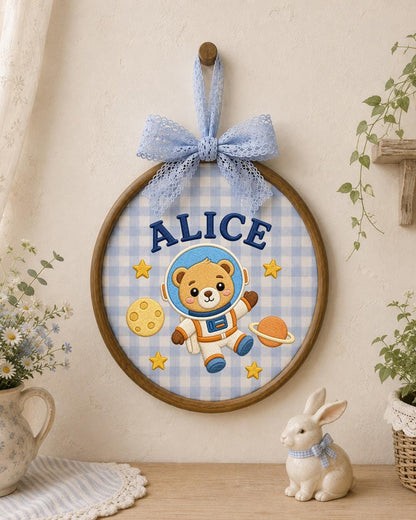 Personalized Astronaut Bear Embroidered Ornament, Custom Baby Name Hoop, Space Nursery Decor, Baby Boy Gift, Newborn Keepsake