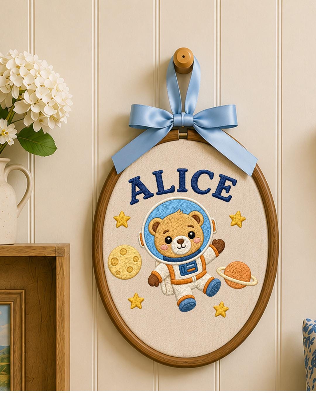 Personalized Astronaut Bear Embroidered Ornament, Custom Baby Name Hoop, Space Nursery Decor, Baby Boy Gift, Newborn Keepsake