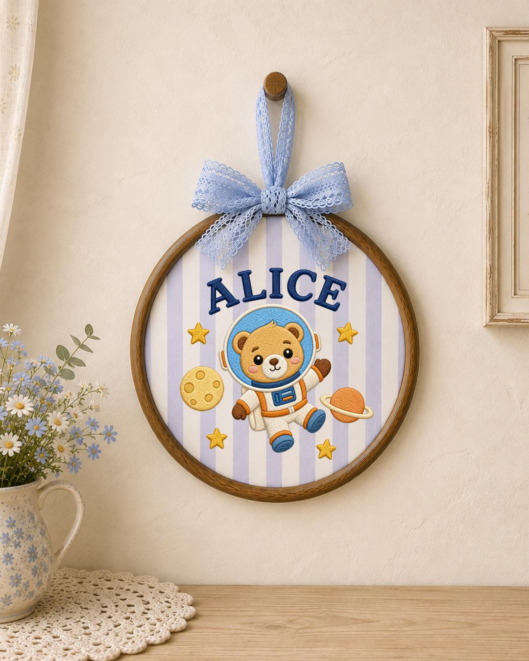 Personalized Astronaut Bear Embroidered Ornament, Custom Baby Name Hoop, Space Nursery Decor, Baby Boy Gift, Newborn Keepsake