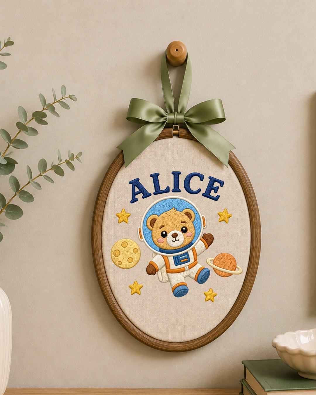 Personalized Astronaut Bear Embroidered Ornament, Custom Baby Name Hoop, Space Nursery Decor, Baby Boy Gift, Newborn Keepsake