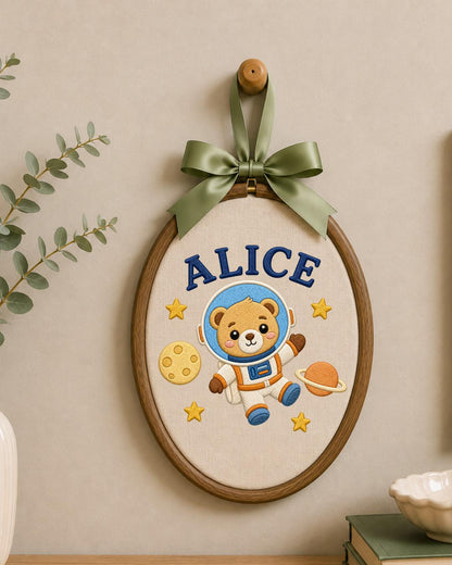 Personalized Astronaut Bear Embroidered Ornament, Custom Baby Name Hoop, Space Nursery Decor, Baby Boy Gift, Newborn Keepsake