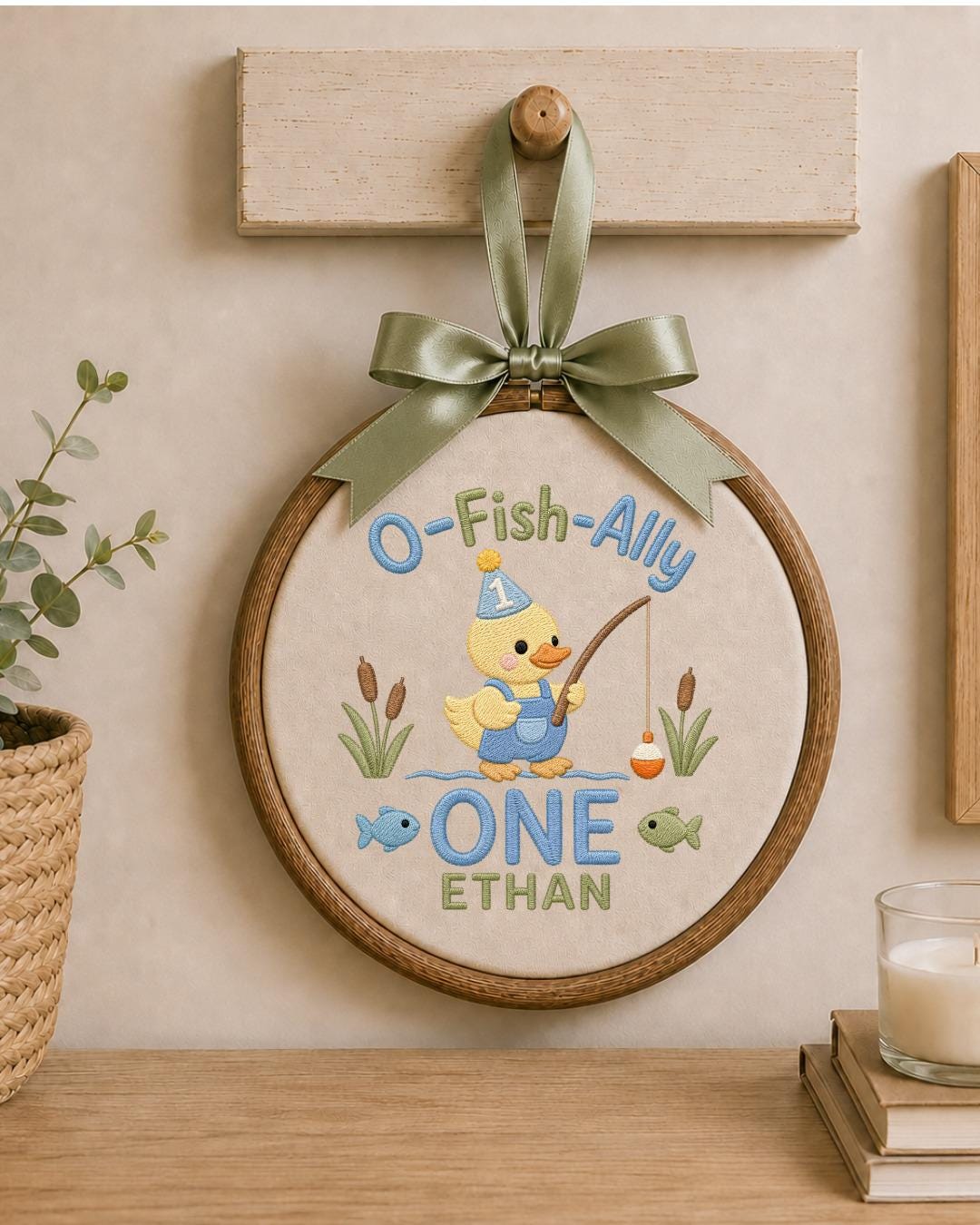 Personalized First Birthday Duck Embroidered Ornament, Custom Baby Name Hoop, Fishing Birthday Decor, Baby Boy 1st Birthday Gift