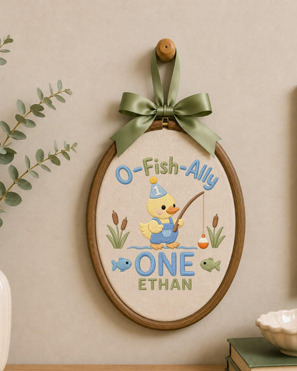 Personalized First Birthday Duck Embroidered Ornament, Custom Baby Name Hoop, Fishing Birthday Decor, Baby Boy 1st Birthday Gift